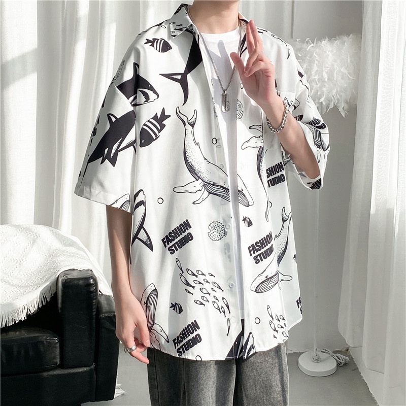 Short Sleeve Shirt With Cartoon Shark Print Korean Style Summer Fashion For Men 2022