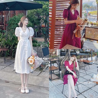 Váy cổ tim cúc bọc 2 màu siêu xinh