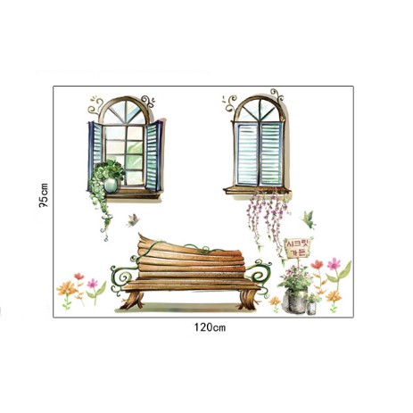 Decal trang trí cửa sổ và Ghế gỗ cổ tích