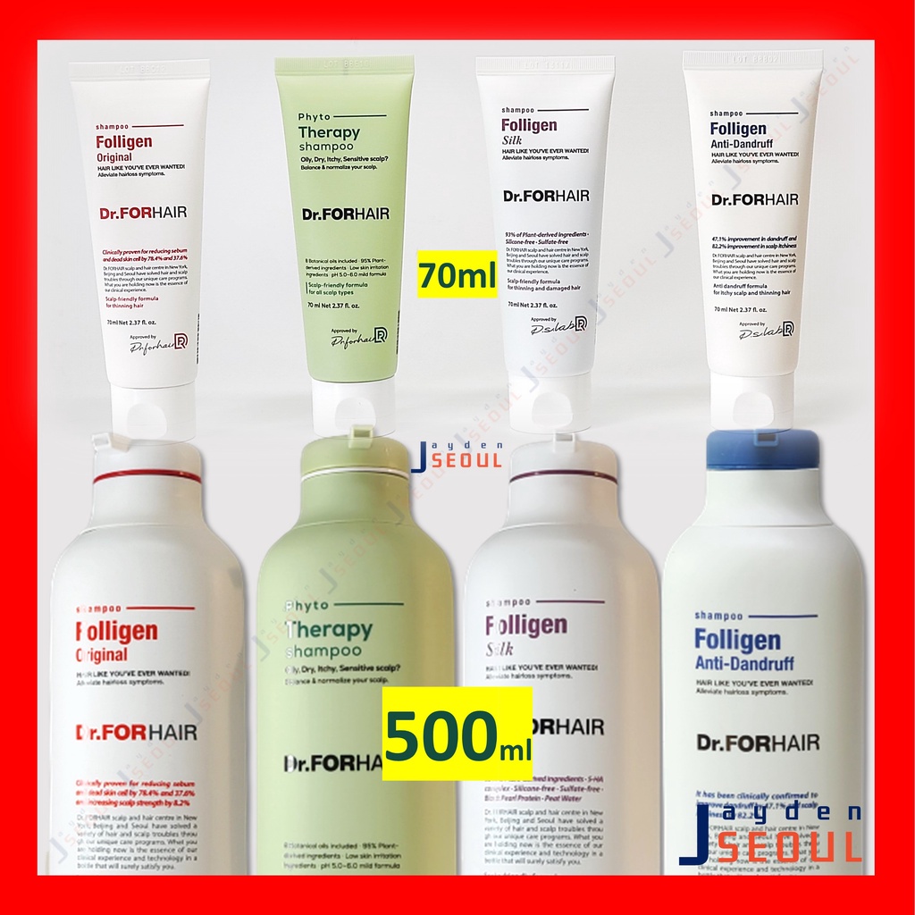 [Dr. ForHair] Shampoo - Folligen Original (chăm sóc tóc rụng) / Phyto Therapy (chăm sóc da đầu nhạy cảm) / Folligen Silk (Chăm sóc da đầu hư tổn và tóc và rụng) / Folligen Anti-Dandruff(500ml / 70ml)