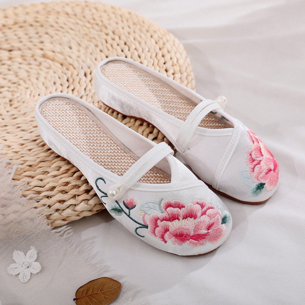 Dép Vải Satin Thêu Họa Tiết Đầu Tròn Phong Cách Trung Hoa Mới 2022