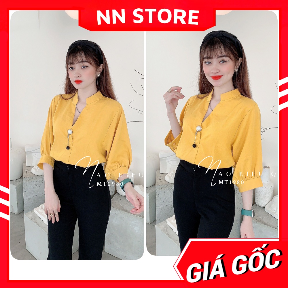 Áo kiểu công sở nữ chất vải MT mềm mát tay lỡ phối khoen dễ thương Áo sơ mi tay lỡ MT1980