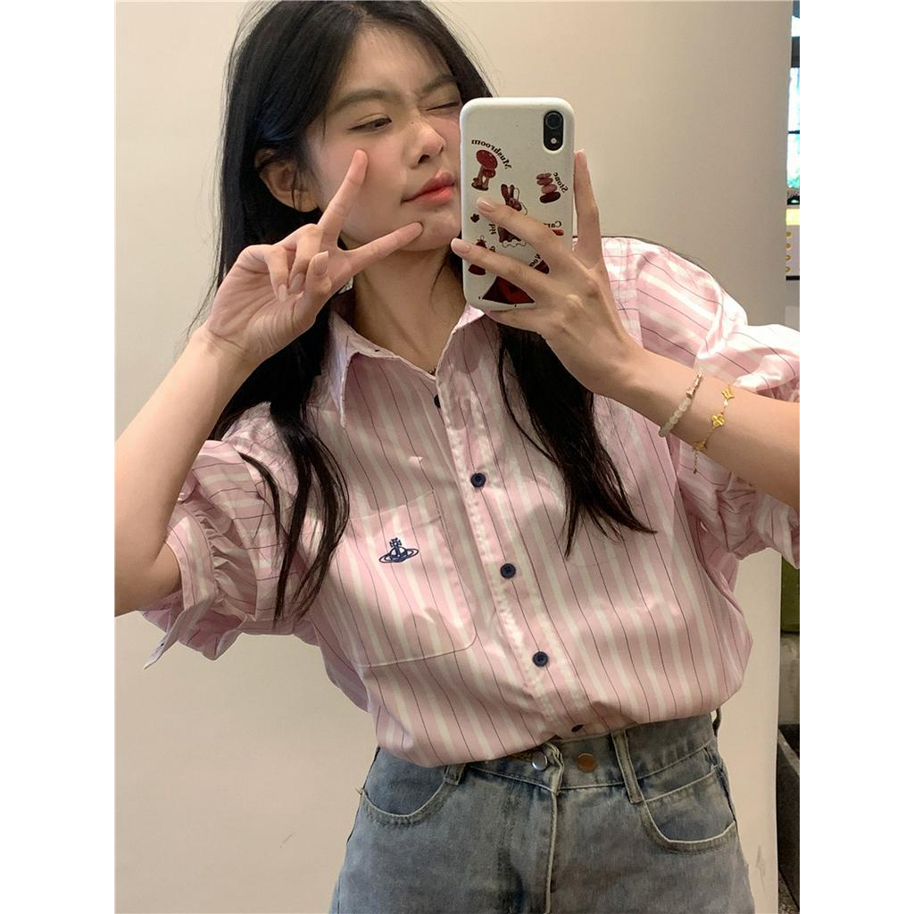 Áo Sơ Mi Kẻ Sọc Dáng Rộng Ngắn Tay Thời Trang Cao Cấp 64236
