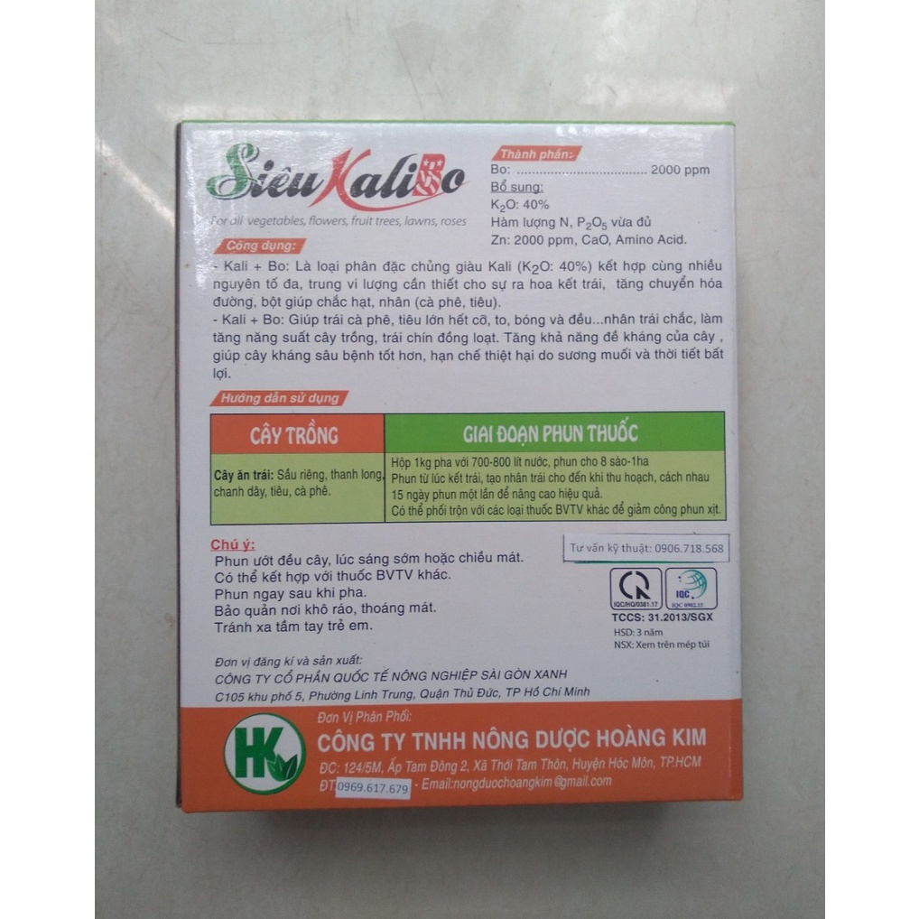 Phân bón vi lượng  Siêu Kali BO - Thụ phấ tốt, Đậu trái nhiều, Tăng sức sống, Giảm rụng hoa và trái non - Hộp 1kg
