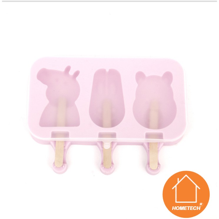 Khuôn làm kem que 3 ô tại nhà chất liệu silicone hình dáng siêu dễ thương tặng kèm que