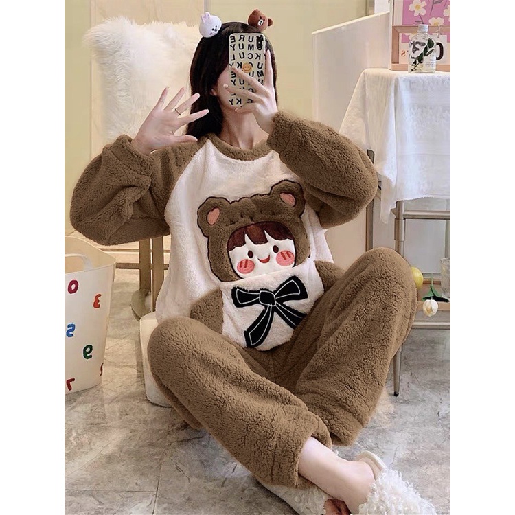 [ 𝐅𝐑𝐄𝐄 𝐒𝐇𝐈𝐏 ]  BỘ LÔNG CÔ BÉ NÂU SIÊU CUTE ĐỒ BỘ NỮ THU ĐÔNG