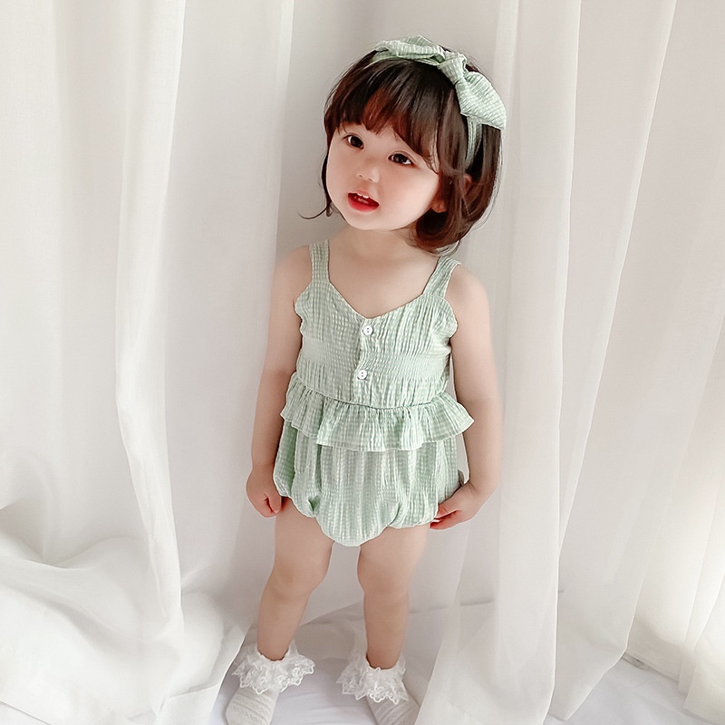 Áo liền quần hai dây họa tiết kẻ sọc caro và băng đô thời trang mùa hè dành cho bé gái sơ sinh