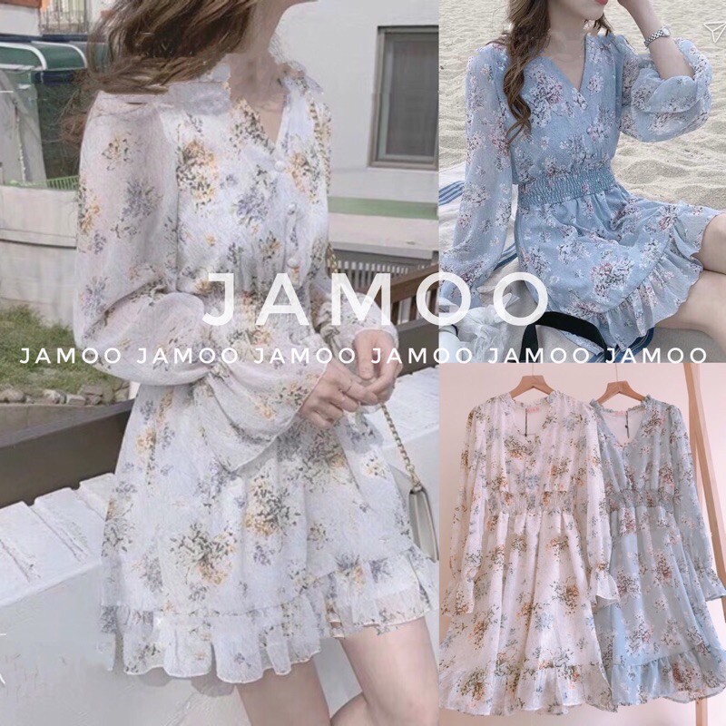VÁY NỮ_ Váy hoa nhí vintage cổ V nền trắng be hoa xinh JAMOO (hàng sẵn) | BigBuy360 - bigbuy360.vn
