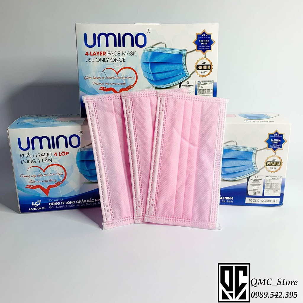 Khẩu trang y tế, khẩu trang Umino 4 lớp, màu hồng , hàng kháng khuẩn , hộp 50 cái #QMC