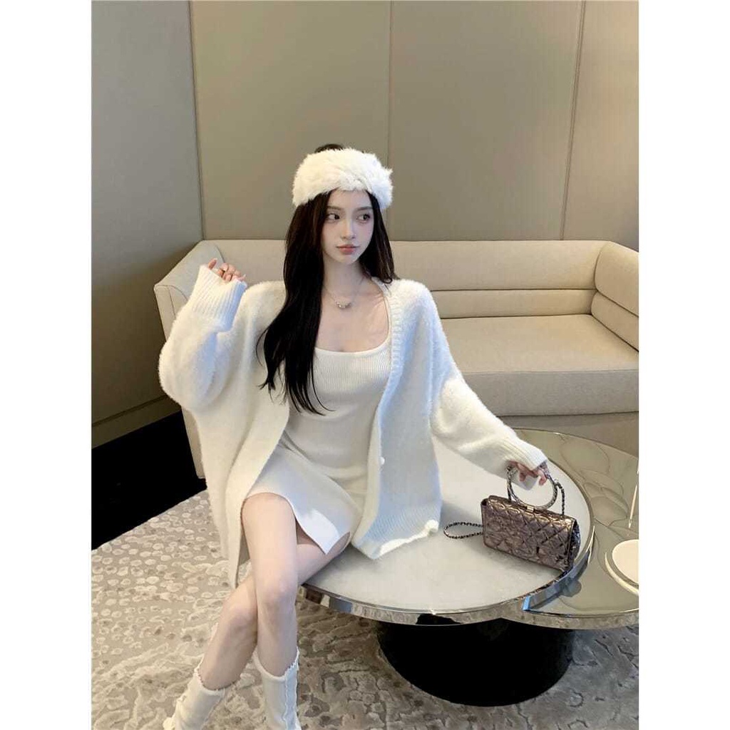 UIOWOO  Set áo khoác cardigan dệt kim + váy yếm ngắn thời trang cho nữ