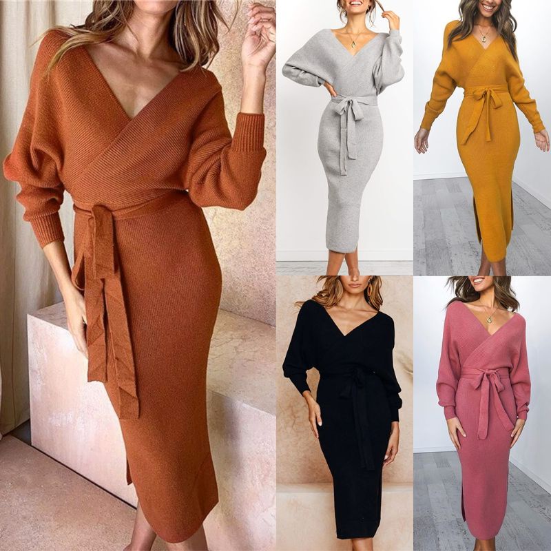 Xiangbao Đầm Dệt Kim Midi Dài Tay Phối Thắt Lưng Mùa Thu 2019 Cho Nữ