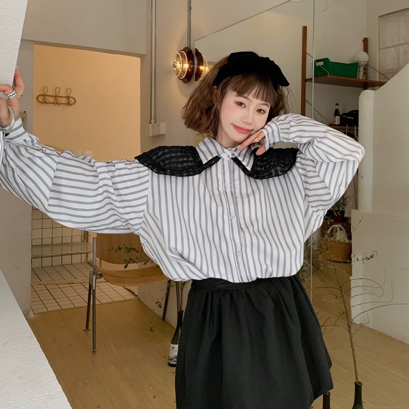 SUXI Áo Sơ Mi Tay Dài Kẻ Sọc Cổ Búp Bê Kèm Khăn Choàng Cổ Thời Trang Mùa Thu Cho Nữ