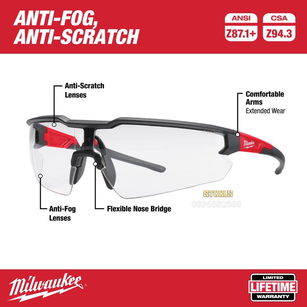 Kính bảo hộ mắt Milwaukee hãng Mỹ kính chống bụi, mắt kính đi xe chống hơi nước trầy xước vượt trội, ngăn chặn tia UV