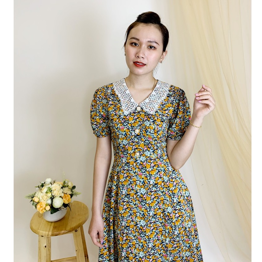 [Mã WASTMAY giảm 15% tối đa 30K đơn 150K] Đầm dáng xòe hoa nhí cổ ren Emvy - V33 | BigBuy360 - bigbuy360.vn