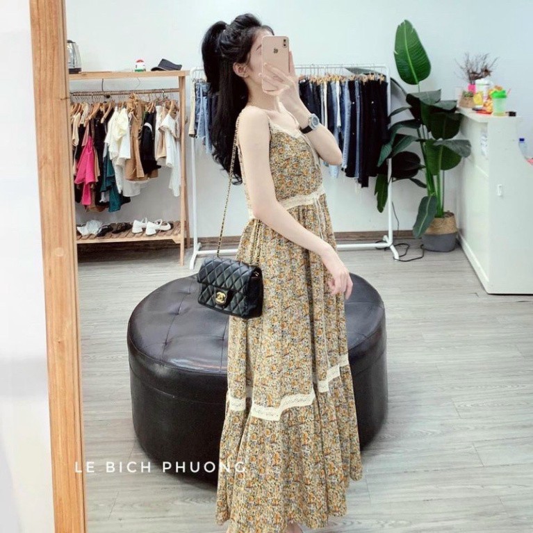Váy đầm nữ hai dây phối ren họa tiết hóa nhí vitage nâu tây vải mềm nhẹ mát