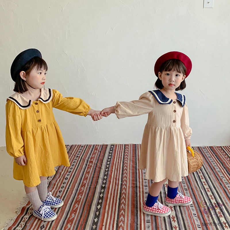 Đầm Bé Gái Tay Dài Cổ Thủy Thủ Phong Cách Hàn Quốc