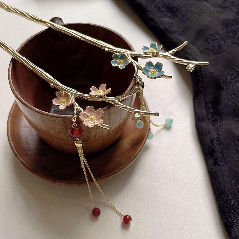 Trâm Cài Tóc 15H Bằng Kim Loại Hình Hoa Mận Phối Tua Rua Phong Cách Trung Hoa Cổ Điển Cho Nữ