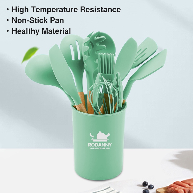 Bộ Dụng Cụ Nấu Ăn Bằng Silicone Cán Gỗ Chống Dính Tiện Lợi