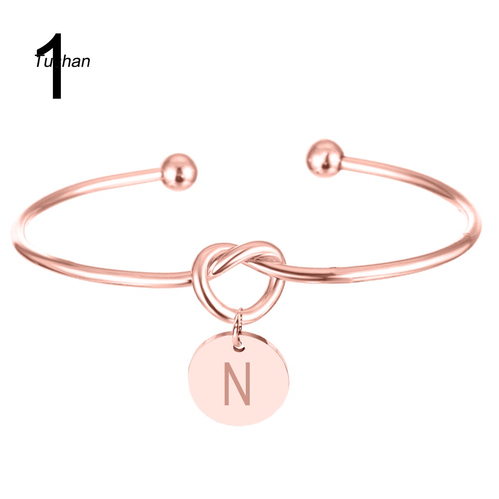 TUSH_Women Knotted Heart Opening Bracelet Letter Carved Metal Disc Charm Cuff Bangle