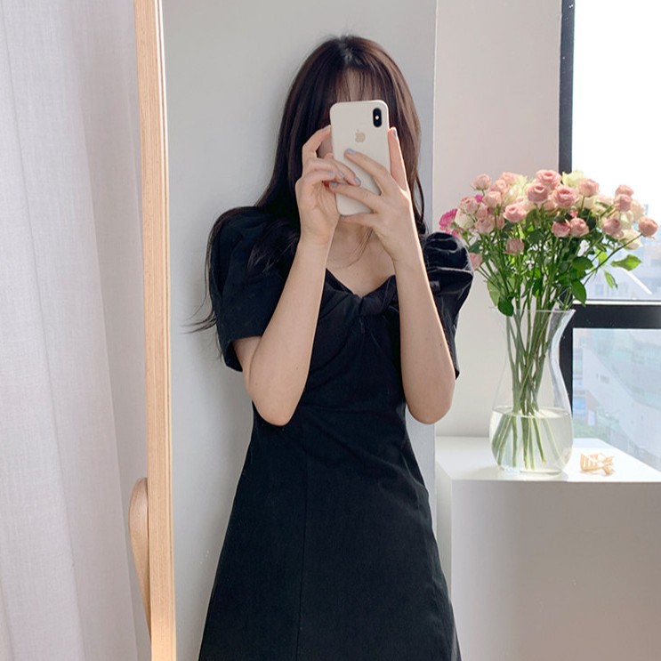 Đầm Midi Tay Ngắn Cổ Rộng Màu Trơn Đơn Giản 34395