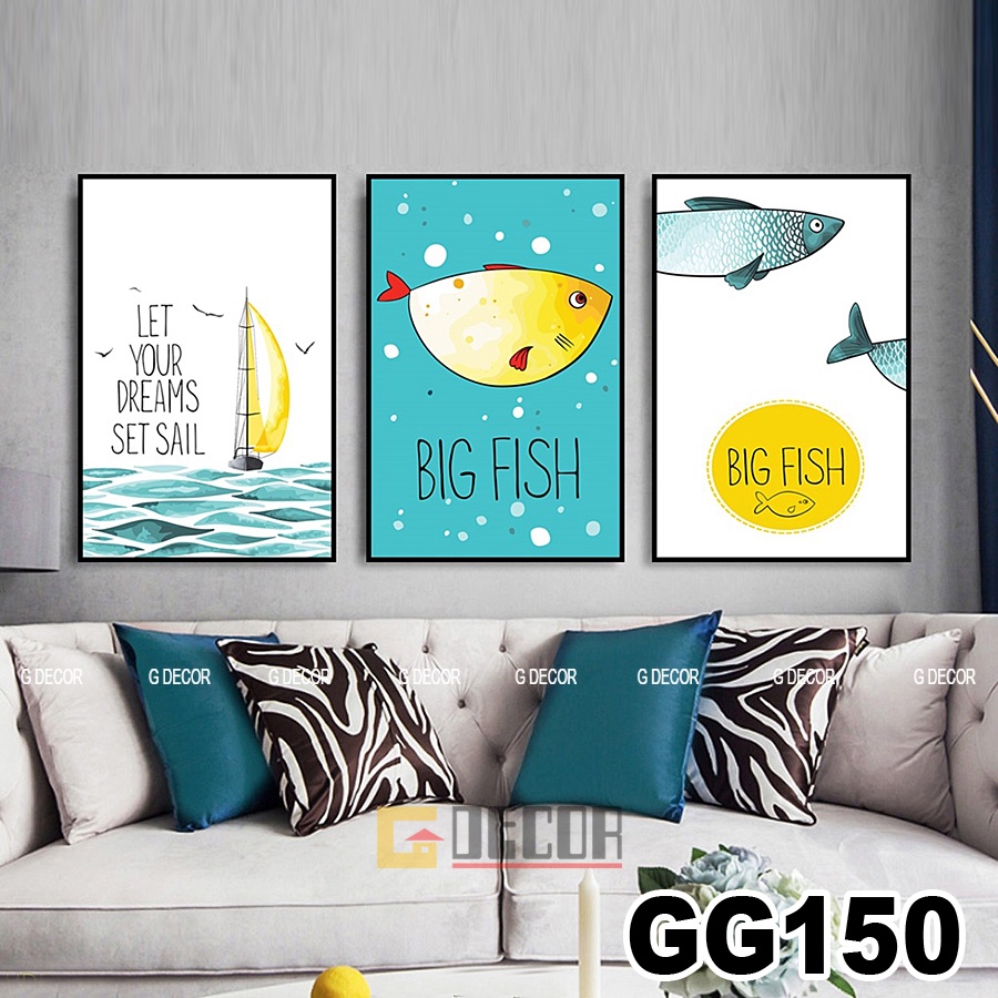 Tranh treo tường canvas khung gỗ 3 bức phong cách hiện đại Bắc Âu tranh anime trang trí phòng bé phòng ngủ spa 149