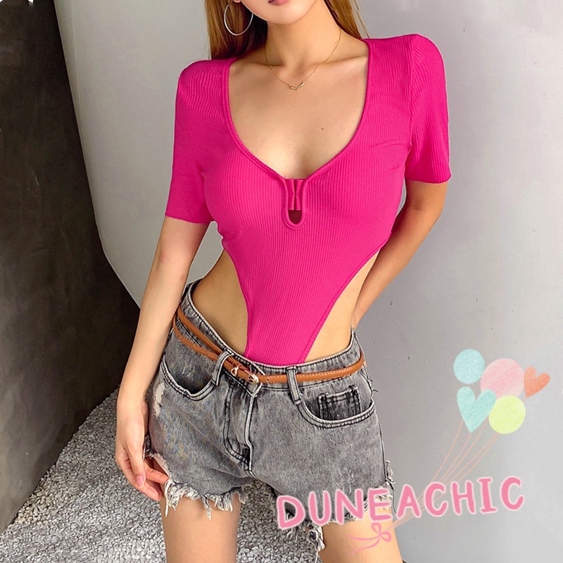 DUNEA Áo liền quần ngắn tay cổ chữ V đơn giản thời trang dành cho nữ