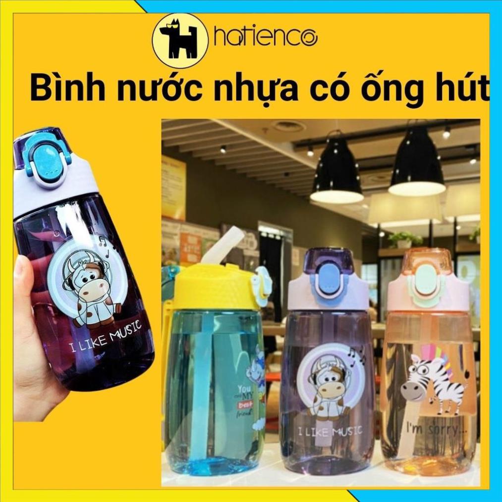 Bình nước nhựa học sinh có ống hút mẫu thú cute