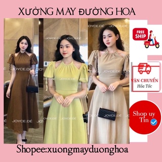 Váy cổ yếm hở vai tay bồng dáng xoè tiểu thư sang chảnh(kèm video ảnh thật chụp canh)