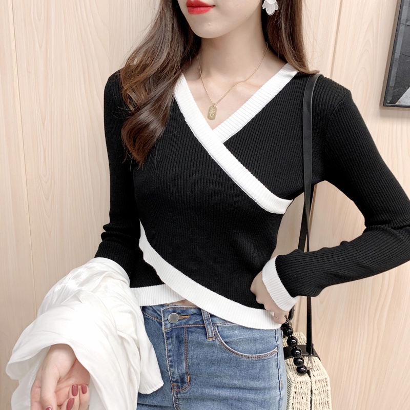 Thời Trang Áo Croptop Tay Dài Cổ Chữ V Đan Dây Quyến Rũ Cho Nữ