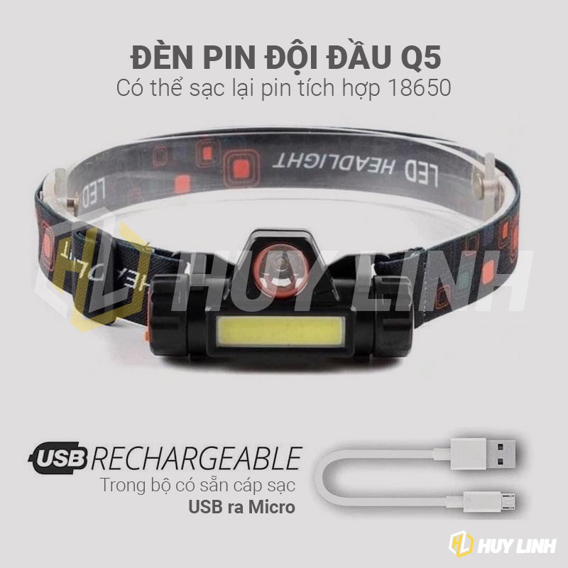 Đèn pin đội đầu siêu sáng Q5 - Có nam châm pin 18650 có hỗ trợ sạc lại qua cổng USB Micro