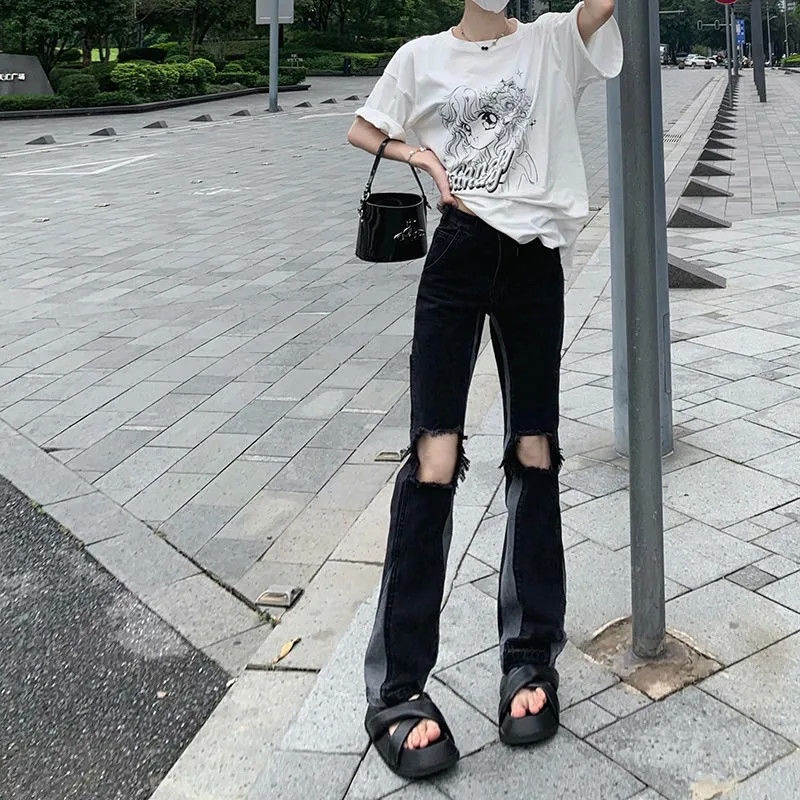 JSC Quần Jeans Lưng Cao Thiết Kế Xẻ Rách Phong Cách Đường Phố Mới