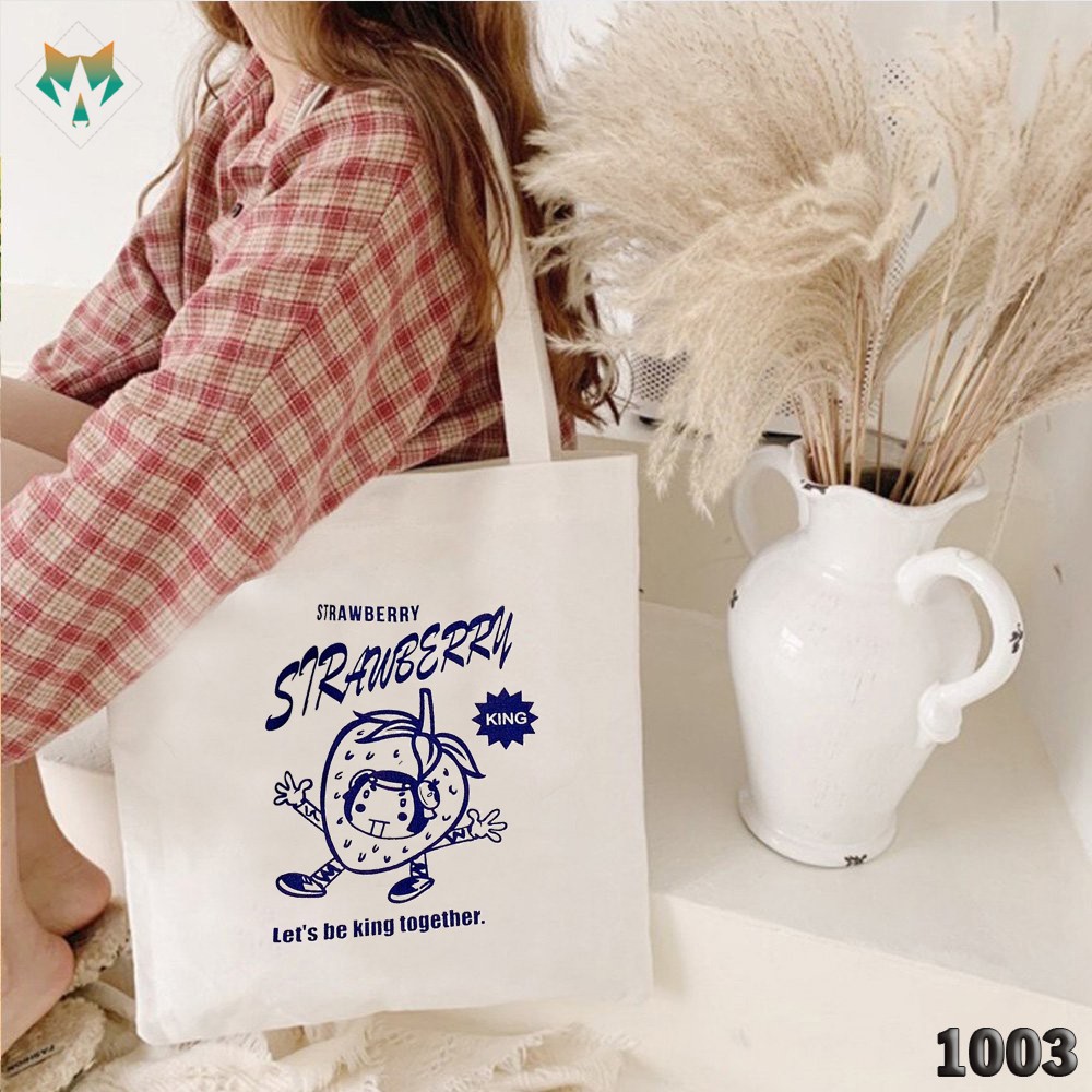 TÚI TOTE TRẮNG CHẤT VẢI CANVAS 1003 464 STRAWBERY TRÁI DÂU HÀNG CHUẨN ĐẸP