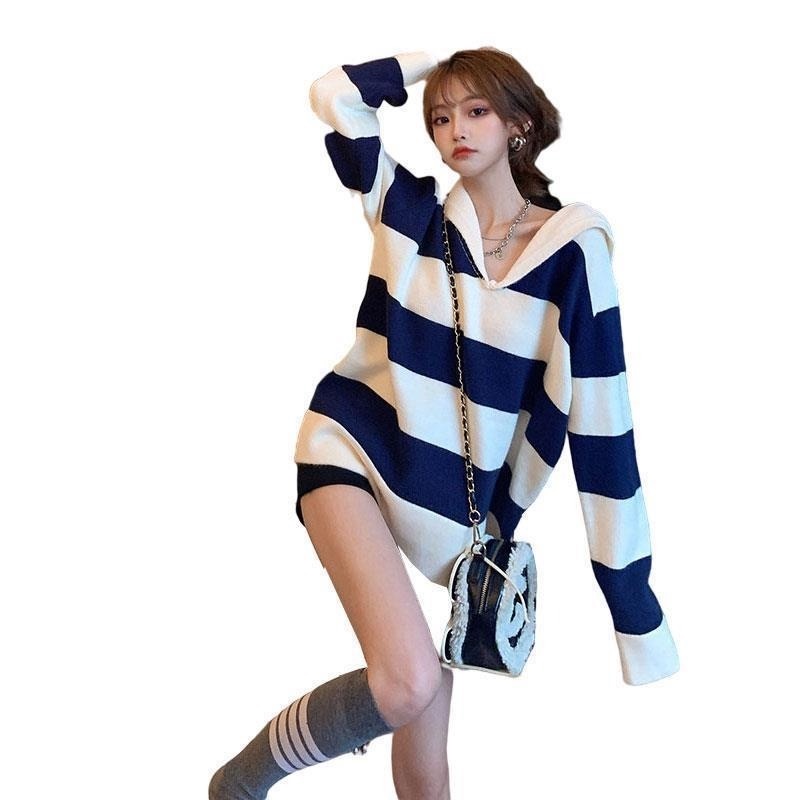 Áo len dệt kim cổ thủy thủ kẻ sọc phong cách Retro thu đông kiểu Pháp mới cho nữ