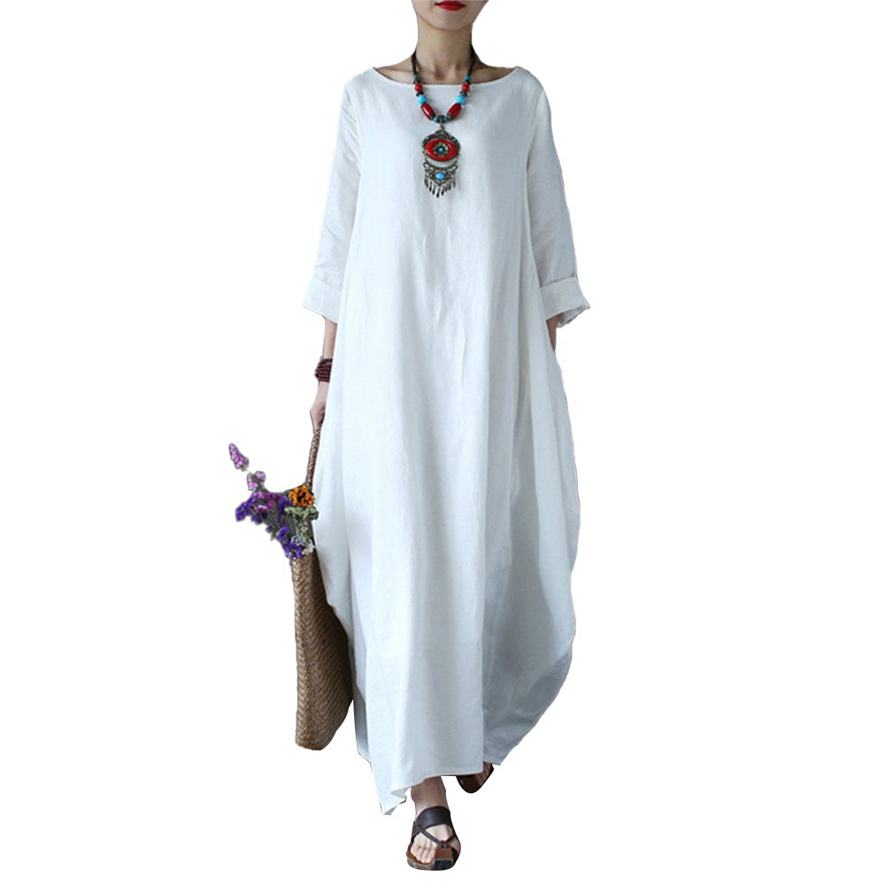 Đầm ZANZEA dáng dài cổ thuyền tay lửng 3/4 màu trơn kiểu dáng rộng rãi cỡ lớn thời trang cho nữ