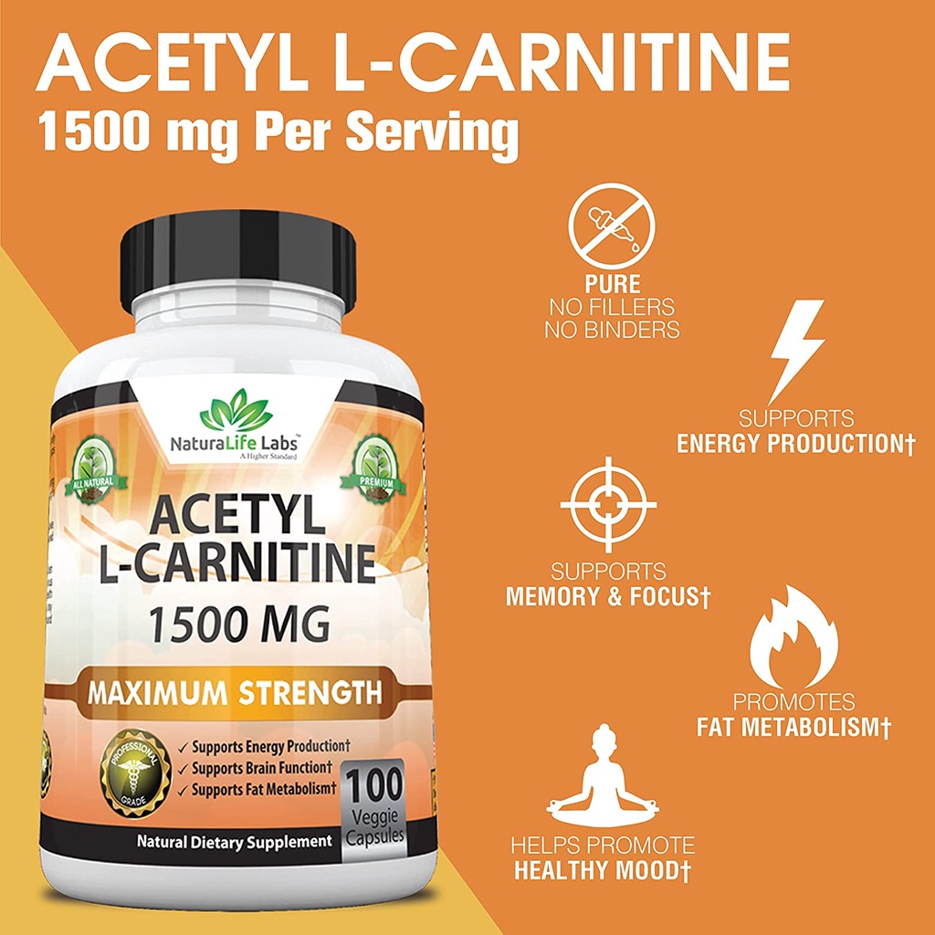 NaturaLife Labs Acetyl L-Carnitine 1500mg Maximum - Viên uống hỗ trợ trí não, tăng cường cơ bắp, chống oxy hóa 100 viên