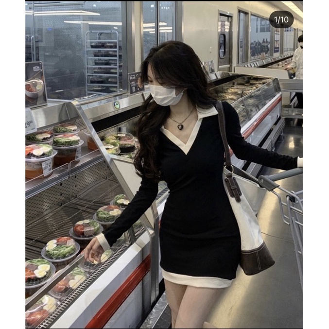 Đầm nữ đầm đen ôm body tay dài cổ sơ mi đi chơi đi dạo chuẩn mẫu ảnh kèm sàn