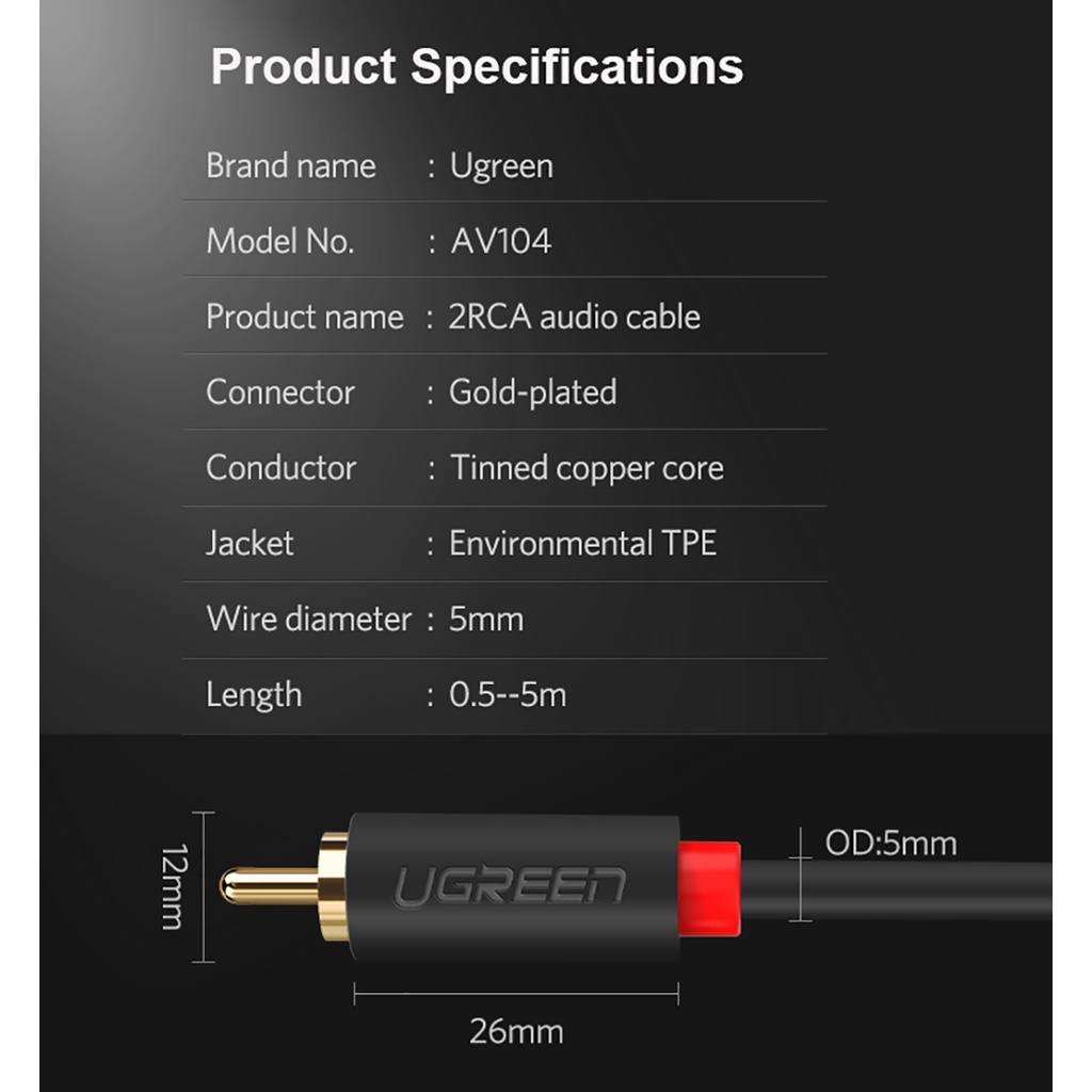 Dây AV 2 Đầu Hoa Sen RCA Hifi Audio Ugreen AV104 - BH 18T Chính Hãng
