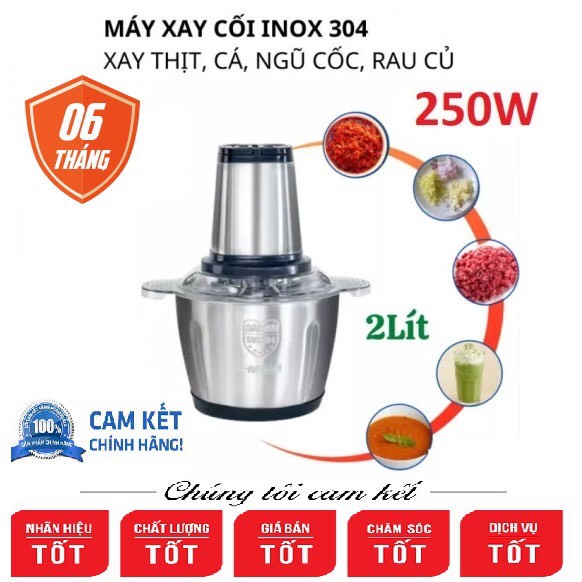 Máy xay thịt đa năng - Máy xay thịt cầm tay mini cối inox 304, dung tích 2 lít, 4 lưỡi dao xay