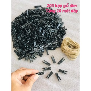 Bộ 100 - 200 Kẹp Gỗ Mini 25mm Treo Hình Ảnh Màu Đen + Tặng 10m Dây Thừng