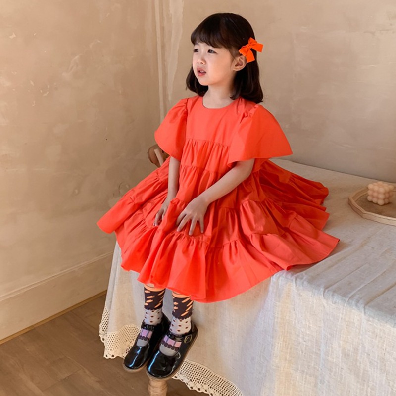 Đầm công chúa tay phồng cổ tròn màu trơn phong cách Hàn Quốc cho bé gái 3-8t