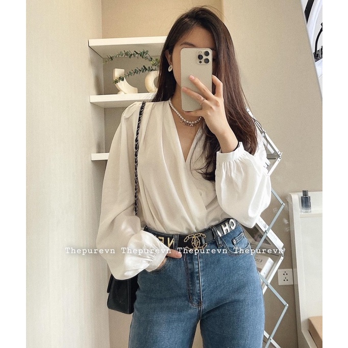 ANU766 - ÁO SƠ MI NỮ LỤA TẰM CỔ V LI VAI DÀI TAY