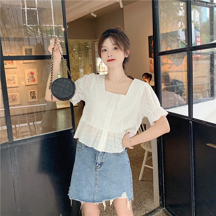 Áo sơ mi cotton tay ngắn màu trắng kiểu thanh lịch dành cho nữ