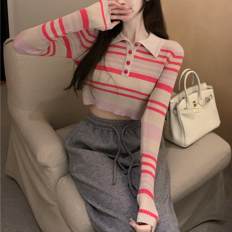 SUXI Áo Croptop Tay Dài Hoạ Tiết Kẻ Sọc Cho Nữ