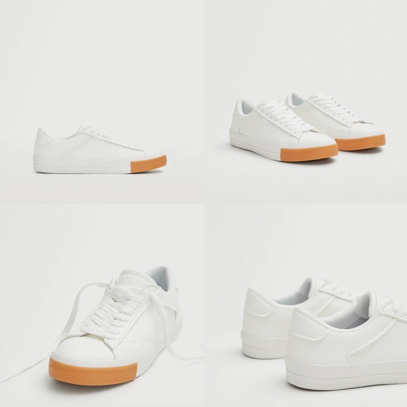 Giày sneaker trắng đế bằng, viền mũi đế màu nâu