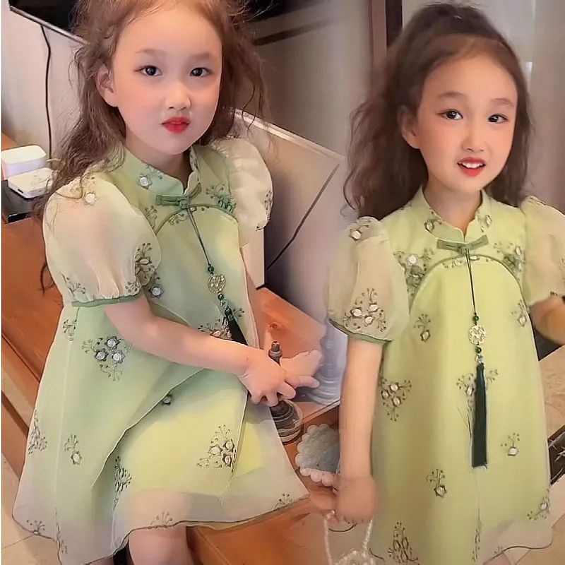 Đầm Sườn Xám Ngắn Tay Phong Cách Trung Hoa Xinh Xắn Cho Bé Gái
