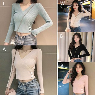Áo thun nữ tay dài cổ chữ V kiểu Hàn Quốc