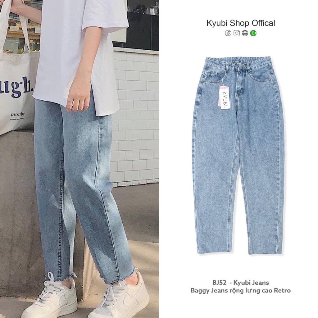 Quần jean baggy nữ ulzzang Kyubi Basic Simple cắt gấu lai tua (Có Bigsize Size Đại ) - Quần Baggy jean Kyubi BJR51