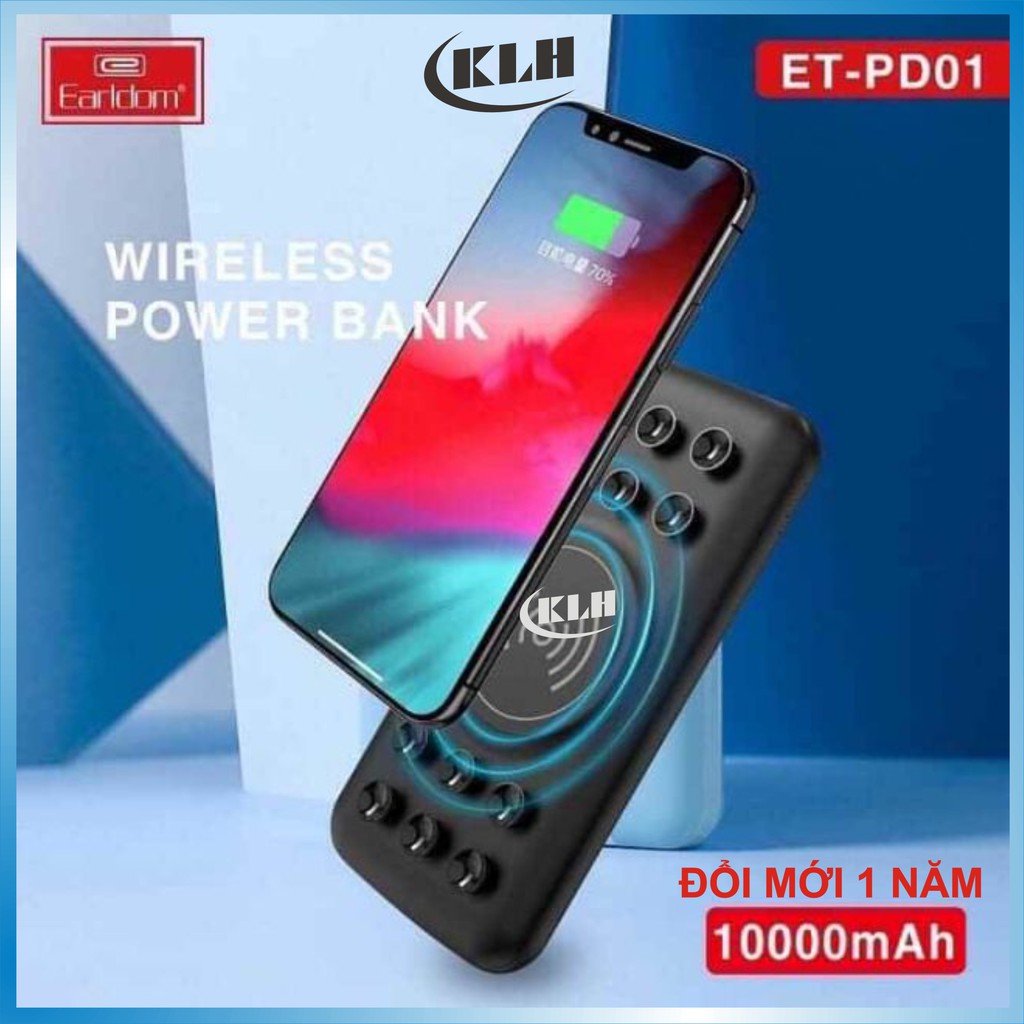 Sạc dự phòng không dây 10.000mAh. pin tích điện dung lượng cao 15W hỗ trợ sạc nhanh Quick Charge 3.0 KLH Earldom PD01