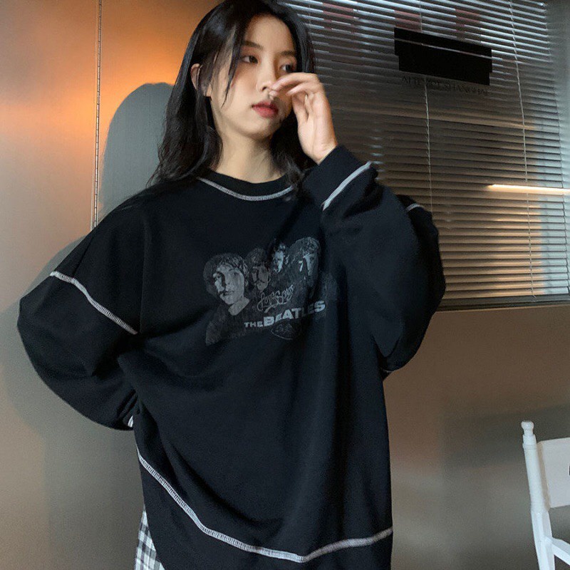 Áo hoodie form rộng không mũ tay dài họa tiết chỉ nổi in hình The Beatles dáng unisex 1st clothes | BigBuy360 - bigbuy360.vn