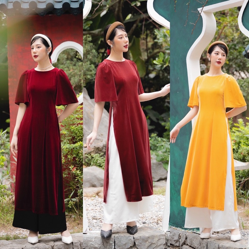 Áo Dài Nhung Cách Tân Dáng Tay Xoè